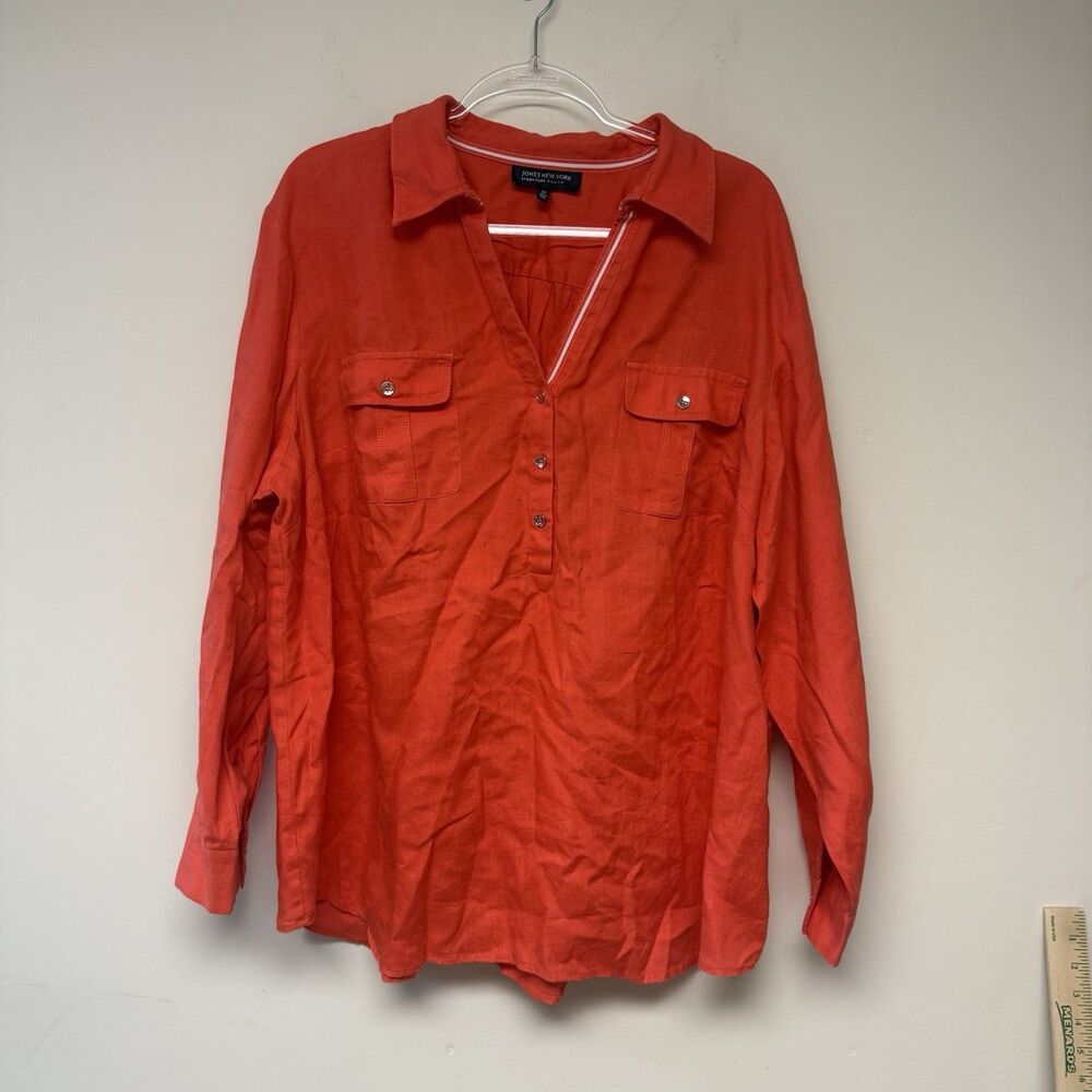 Jones New York Signature Womens Top 3X Linen Orange Long Sleeve Pockets Preppy